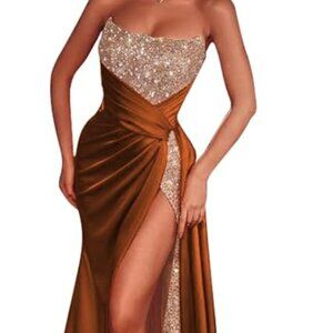 NEVER BEEN WORN Strapless Sequin Satin Evening Dresses Long with Split Sexy Leg